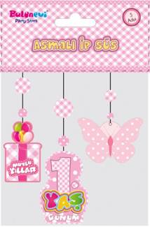 1 Yaş Temalı Asmalı İp Süs Pembe Renk 3 lü Set 12x45 cm (4247)