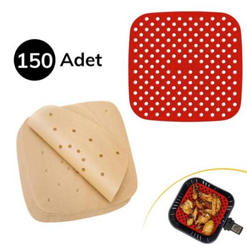 150 Adet Kullan-At Delikli Kare Model Pişirme Kağıdı Ve Kare Kırmızı Pişirme Matı 21,5Cm (4247) - 0