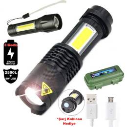 2500 Lumens + 5W COB LED USB Lion Şarjlı Ultra Güçlü Q5 XPE Su Geçirmez Şarjlı El Feneri (4247)