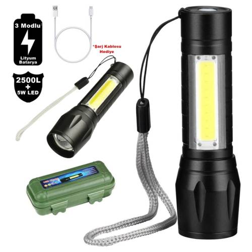 2500 Lumens + 5W COB LED USB Lion Şarjlı Ultra Güçlü Q5 XPE Su Geçirmez Şarjlı El Feneri (4247) - 2