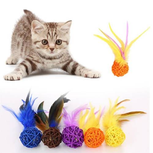 2li Rattan Renkli Peluş Tüy Kedi Köpek Oyuncak Yakalama Çiğneme Çıngıraklı Top Oyuncağı (4247) - 0