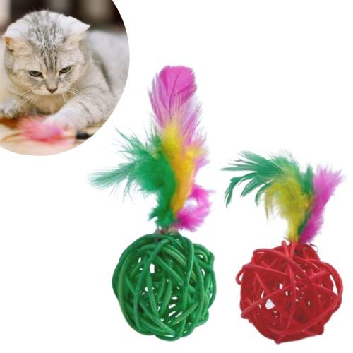 2li Rattan Renkli Peluş Tüy Kedi Köpek Oyuncak Yakalama Çiğneme Çıngıraklı Top Oyuncağı (4247) - 1