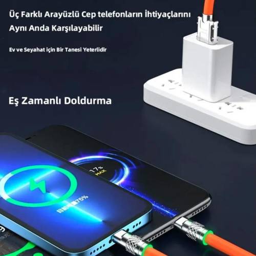 3 in 1 Type-C + Micro Usb + Lightning Hızlı Şarj Kablosu Silikon Kablo 1 Metre Opp Ambalaj (4247) - 3