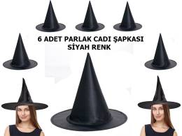 Halloween Siyah Renk Parlak Dralon Cadı Şapkası Yetişkin ve Çocuk Uyumlu 6 Adet (4247)