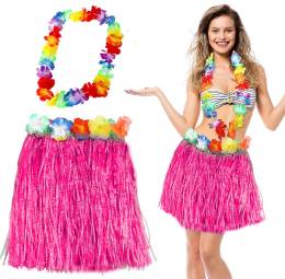 Hawaii Luau Aloha Pembe Püsküllü 40 cm Etek ve Hawaii Kolye Seti (4247)