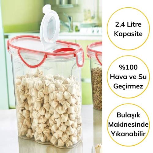 Kilitli Kapaklı Contalı Hava,Su Sıvı Geçirmez 2,4 Litre Erzak Saklama Kabı-SA590 (4247) - 1