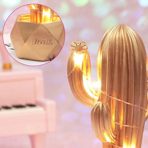 Led Işıklı Sevimli Kaktüs Dekoratif Masa Lambası Mini Biblo Gece Lambası-GOLD (4247) - 2