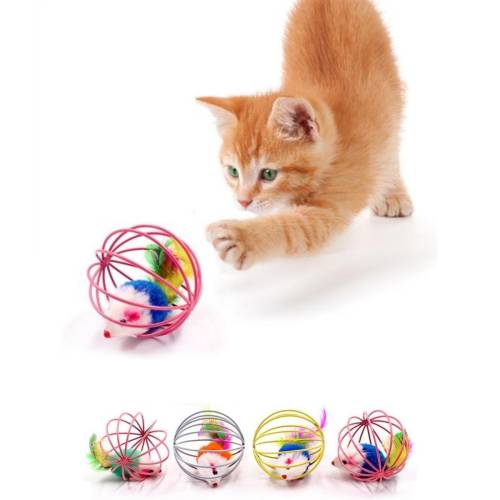 Renkli Metal Kafesli Peluş Fareli Kedi Köpek Oyuncağı Oyun Topu 6 cm (4247) - 3