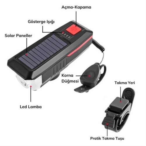 Solar Enerjili USB ile Şarj Edilebilir Ledli Bisiklet Feneri Kornalı ve Su Geçirmez Far (4247) - 2